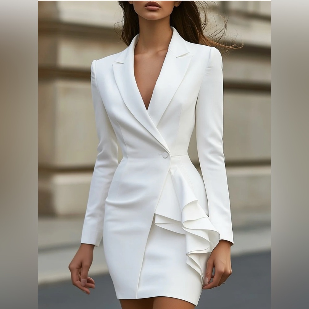 White Blazer Dress with Ruffle Detail, Medium